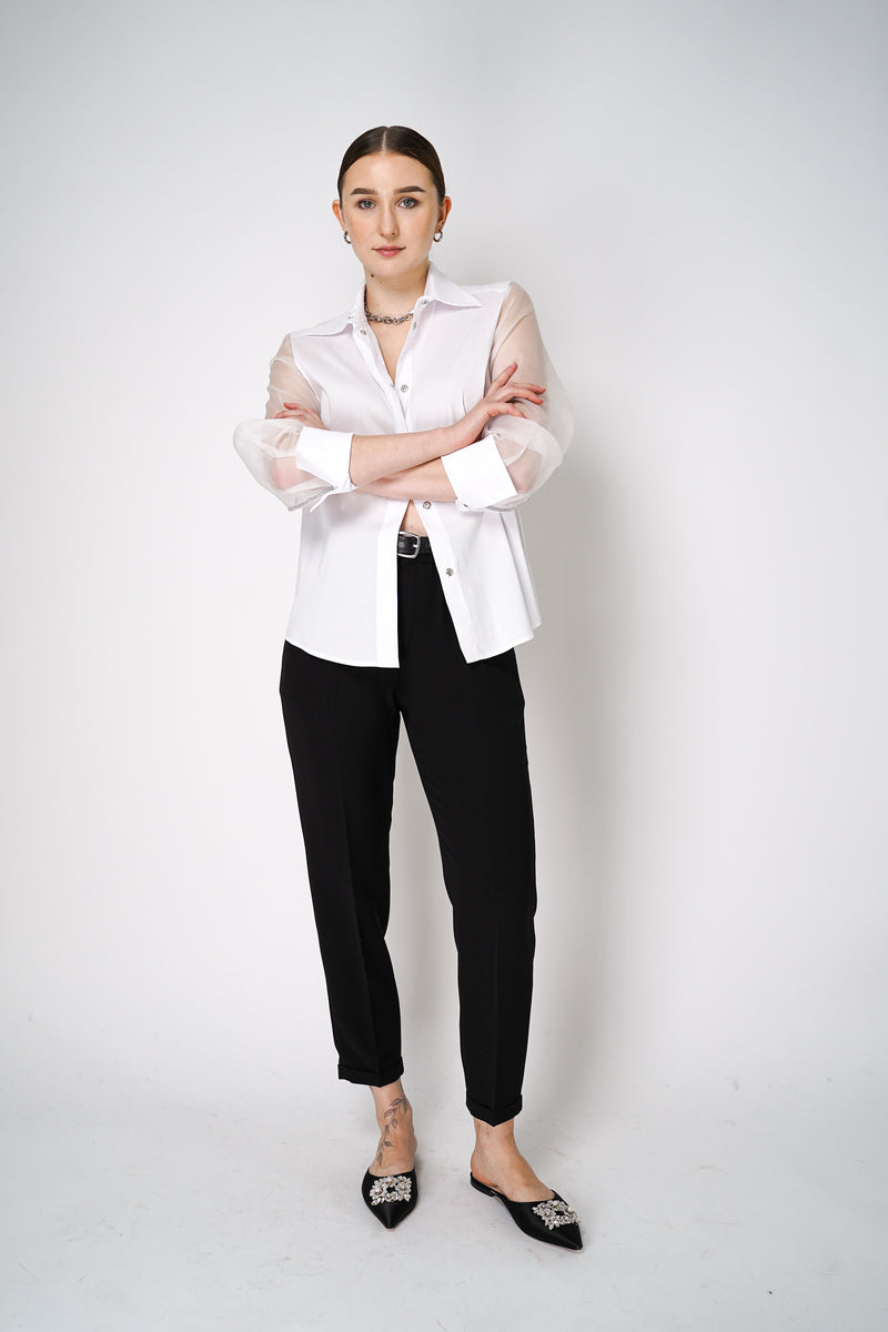 D. Exterior Cotton Poplin Blouse with Sheer Silk Organza Sleeves in White Vancouver. Shop Online or in Store.