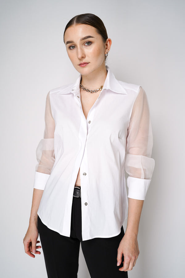 D. Exterior Cotton Poplin Blouse with Sheer Silk Organza Sleeves in White Vancouver. Shop Online or in Store.