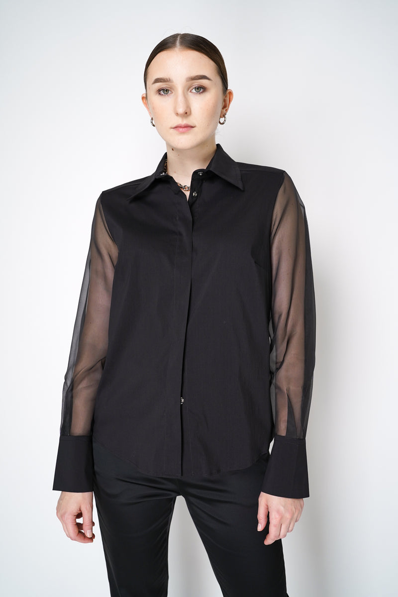 D. Exterior Cotton Poplin Blouse with Sheer Silk Organza Sleeves in Black Vancouver. Shop Online or in Store.