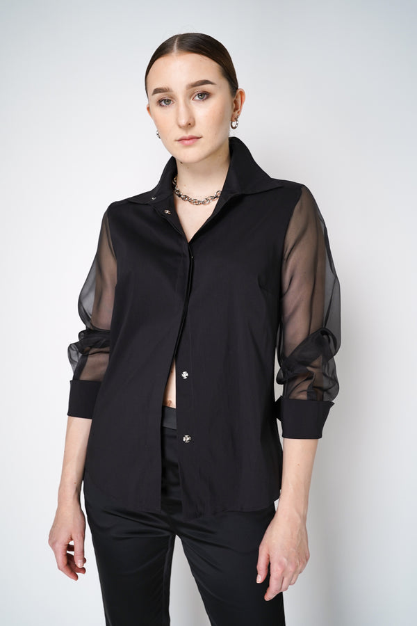 D. Exterior Cotton Poplin Blouse with Sheer Silk Organza Sleeves in Black Vancouver. Shop Online or in Store.