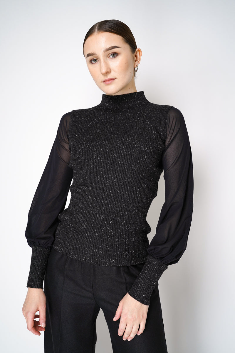 D. Exterior Ribbed Knit Top with Tulle Sleeves in Black Vancouver. Shop Online or in Store.