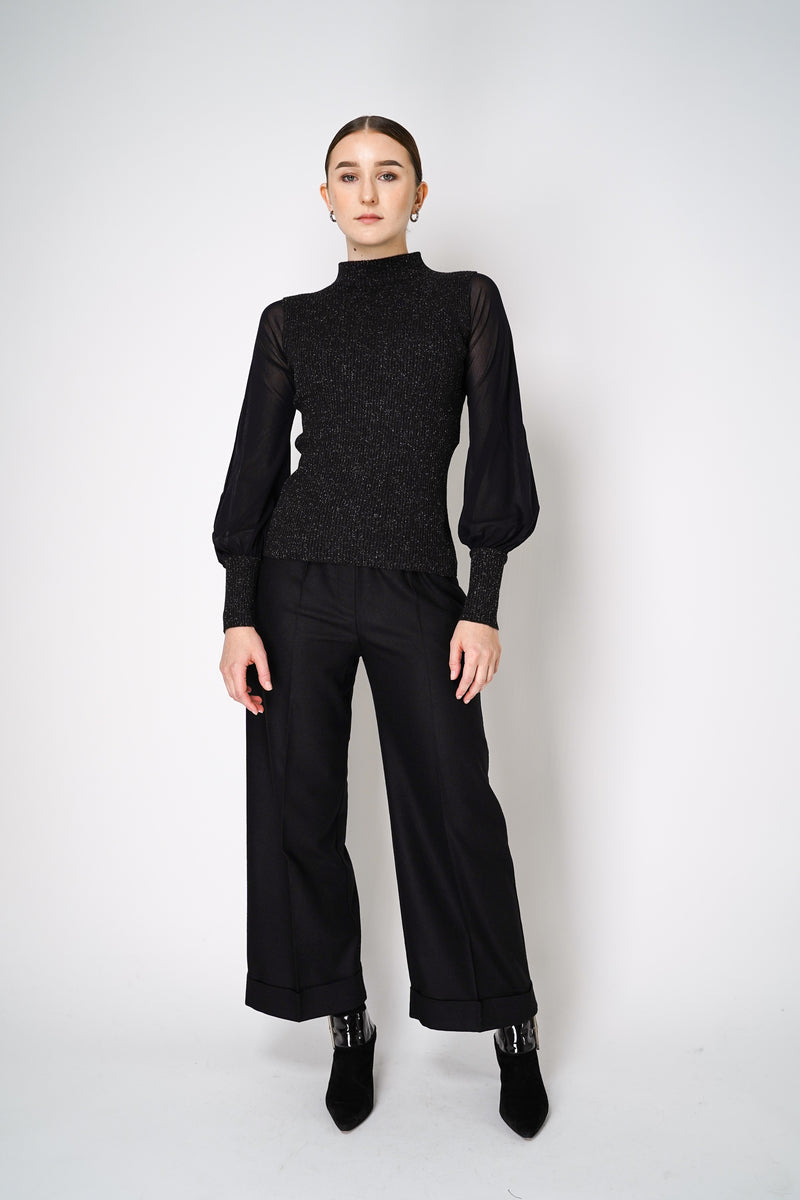 D. Exterior Ribbed Knit Top with Tulle Sleeves in Black Vancouver. Shop Online or in Store.