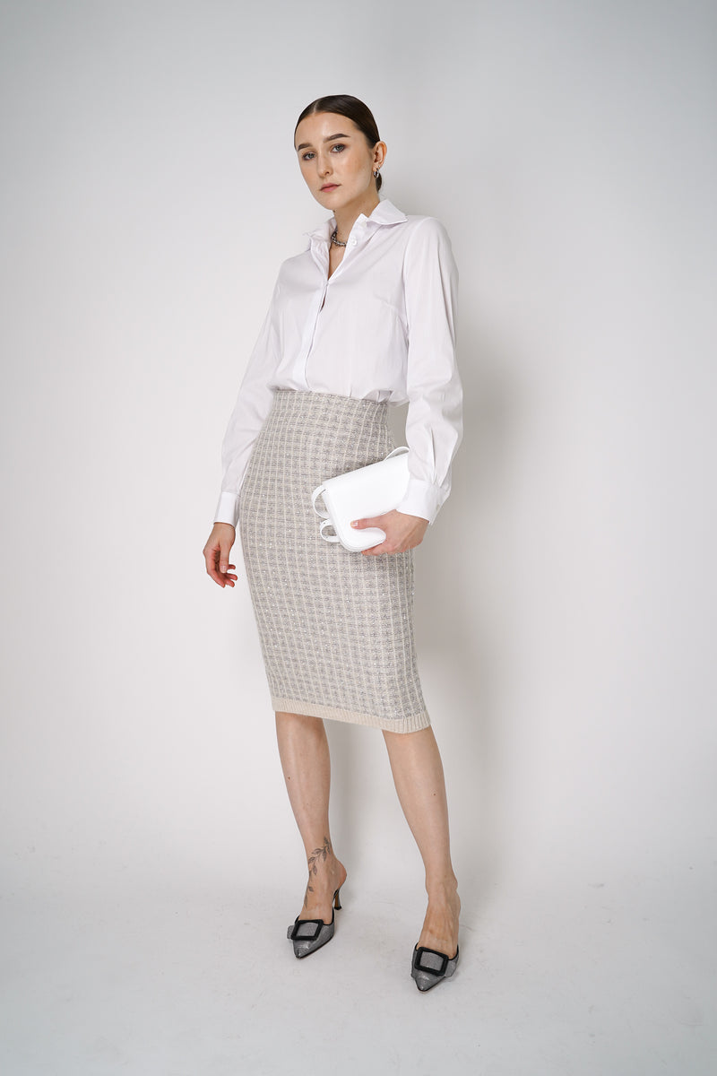 D. Exterior Bouclé Knit Pencil Skirt with Lurex in Silver Vancouver. Shop Online or in Store.