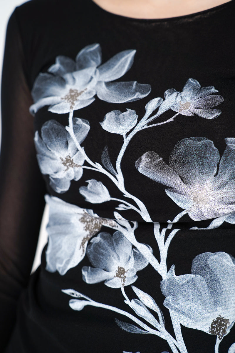 D. Exterior Stretch Tulle Shirt with Silver Lamé Print in Black Vancouver. Shop Online or in Store.