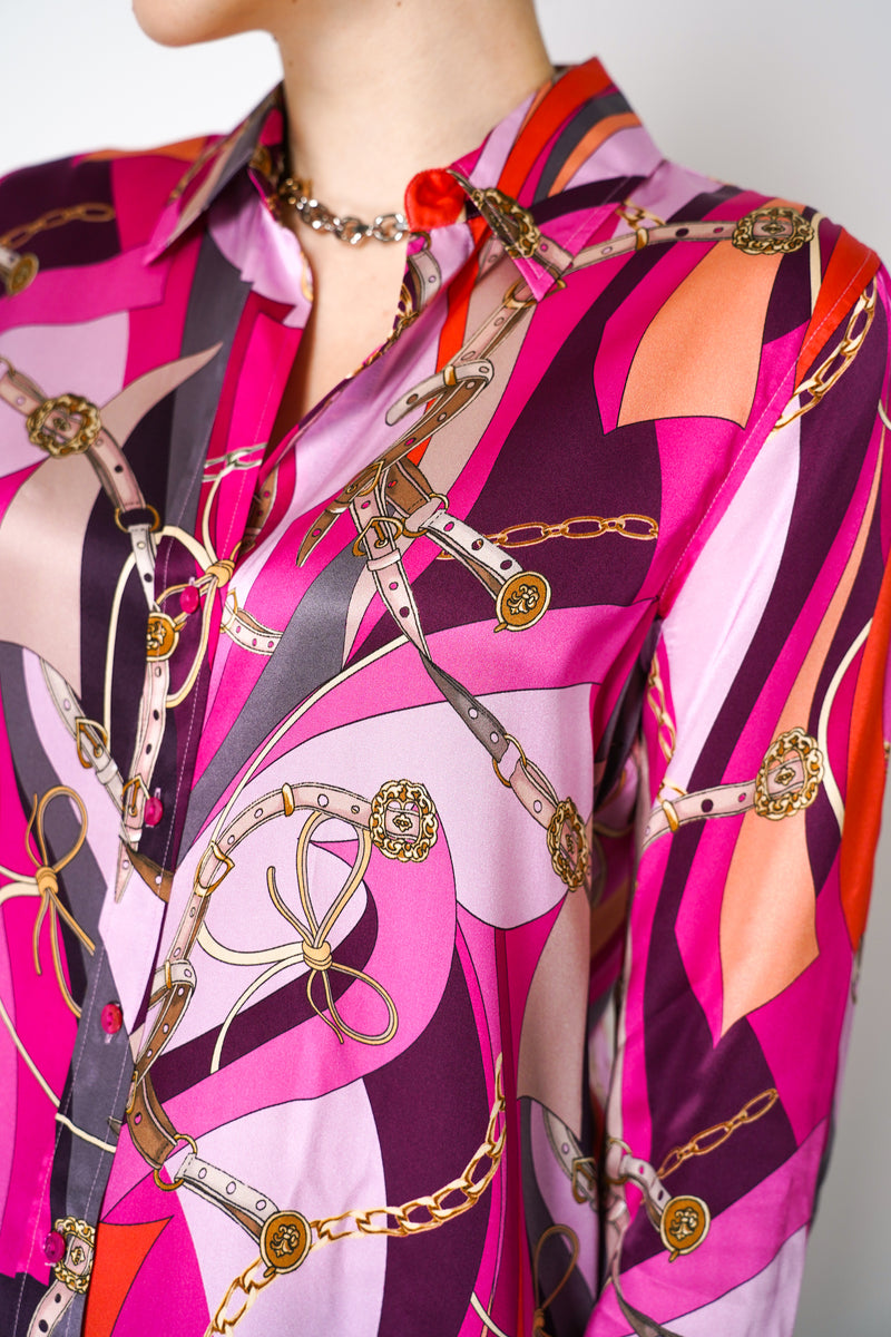 L'Agence Silk Multi Buckle Swirl Print Blouse in Pink Vancouver. Shop Online or in Store.