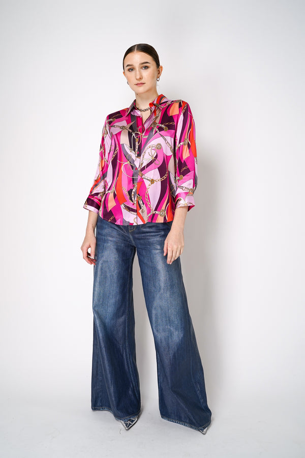 L'Agence Silk Multi Buckle Swirl Print Blouse in Pink Vancouver. Shop Online or in Store. 