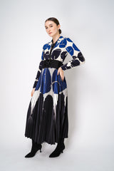 Sara Roka Printed Silk Shirt Dress with Pleated Skirt in Navy and Cream Vancouver. Shop Online or in Store.