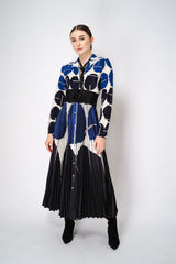 Sara Roka Printed Silk Shirt Dress with Pleated Skirt in Navy and Cream Vancouver. Shop Online or in Store.