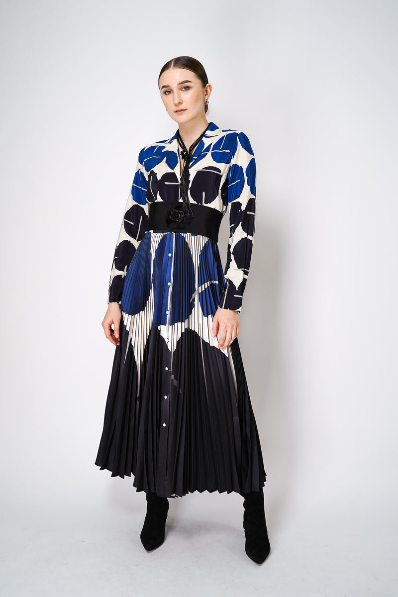 Sara Roka Printed Silk Shirt Dress with Pleated Skirt in Navy and Cream Vancouver. Shop Online or in Store.