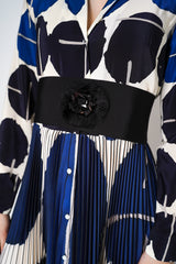 Sara Roka Printed Silk Shirt Dress with Pleated Skirt in Navy and Cream Vancouver. Shop Online or in Store.