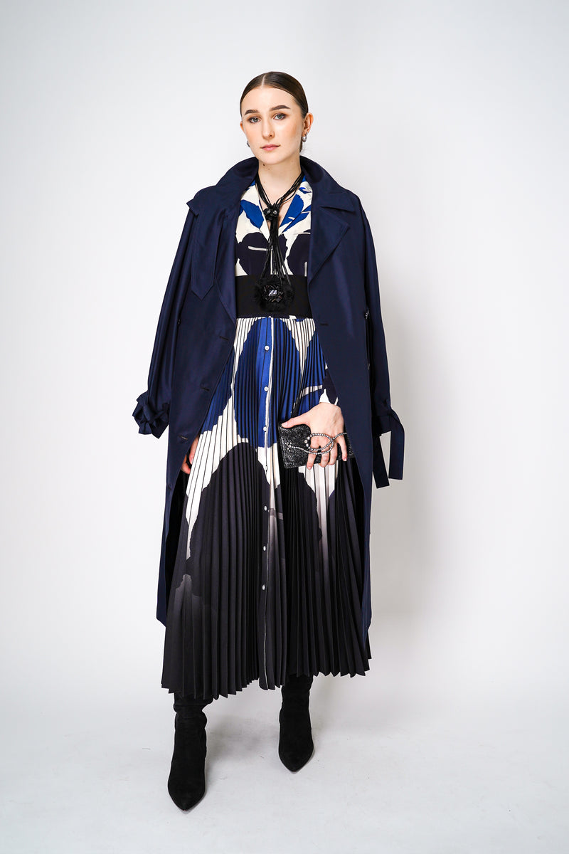 Sara Roka Printed Silk Shirt Dress with Pleated Skirt in Navy and Cream Vancouver. Shop Online or in Store.