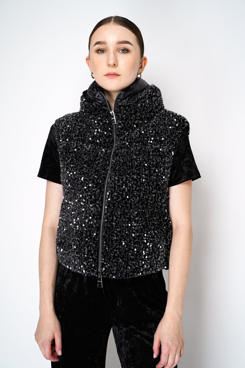 Herno High Neck Padded Sequined Vest in Black