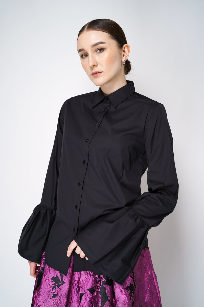 Sara Roka Cotton Poplin Button-Up Blouse with Bell Sleeves in Black Vancouver. Shop Online or in Store.