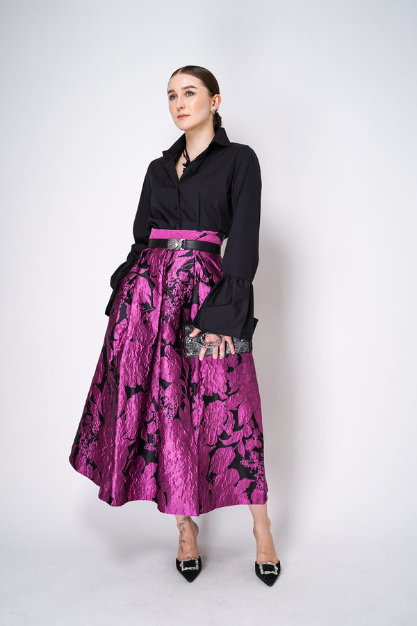 Sara Roka Floral Silk Brocade Skirt in Pink and Black