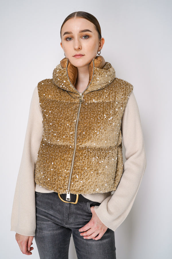 Herno High Neck Padded Sequined Vest in Gold