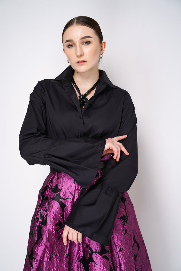 Sara Roka Cotton Poplin Button-Up Blouse with Bell Sleeves in Black Vancouver. Shop Online or in Store.