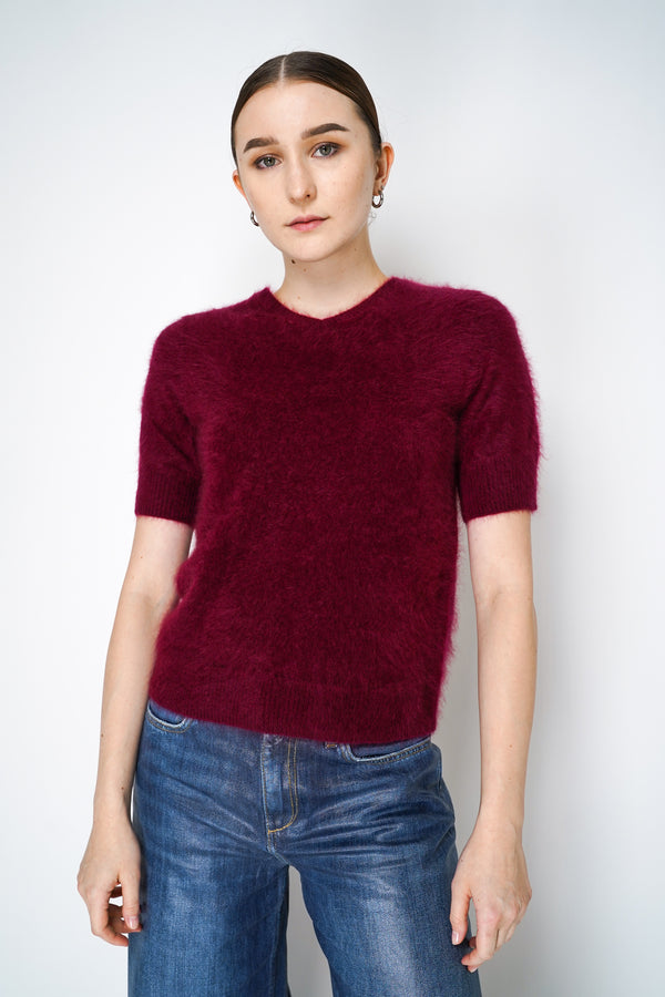 Dorothee Schumacher Short Sleeve Fluffy Knit Cashmere Top in Burgundy Vancouver. Shop Online or in Store. 