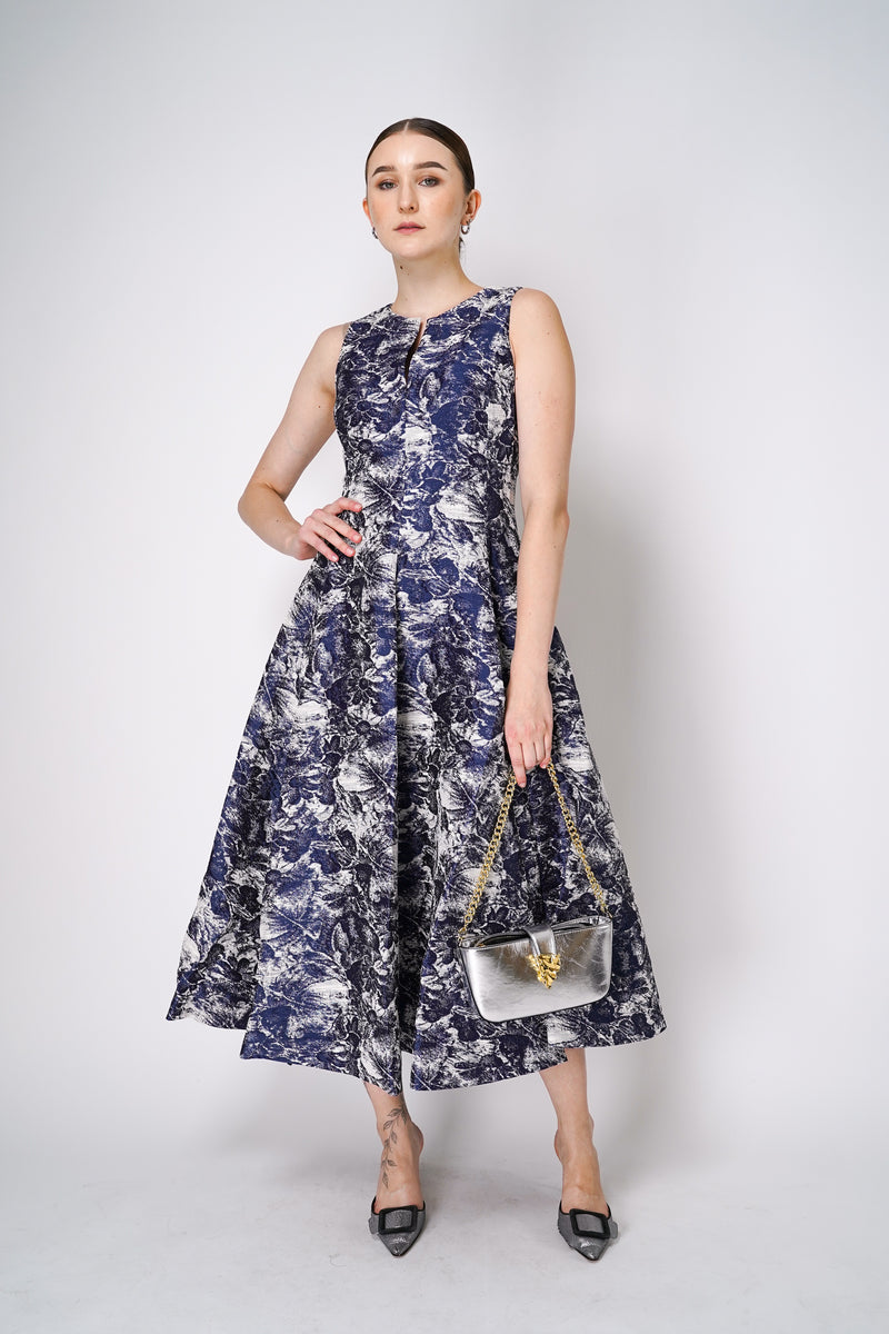 Sara Roka Brocade Dress in Navy and Cream Vancouver. Shop Online or in Store. 