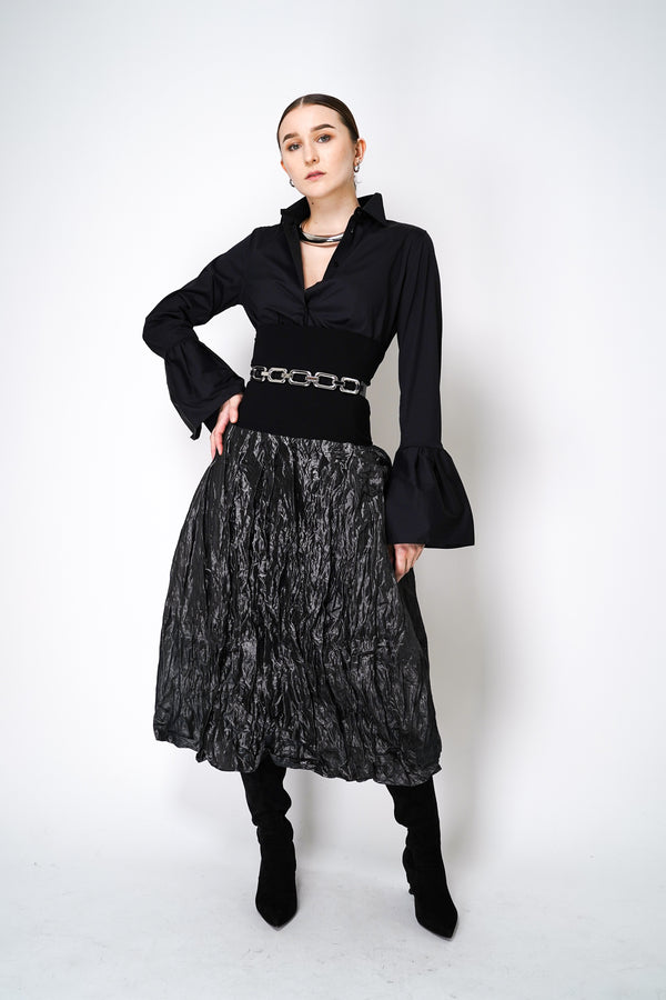 Peter O. Mahler Crinkle Taffeta Tulip Skirt in Metallic Grey Vancouver. Shop Online or in Store.