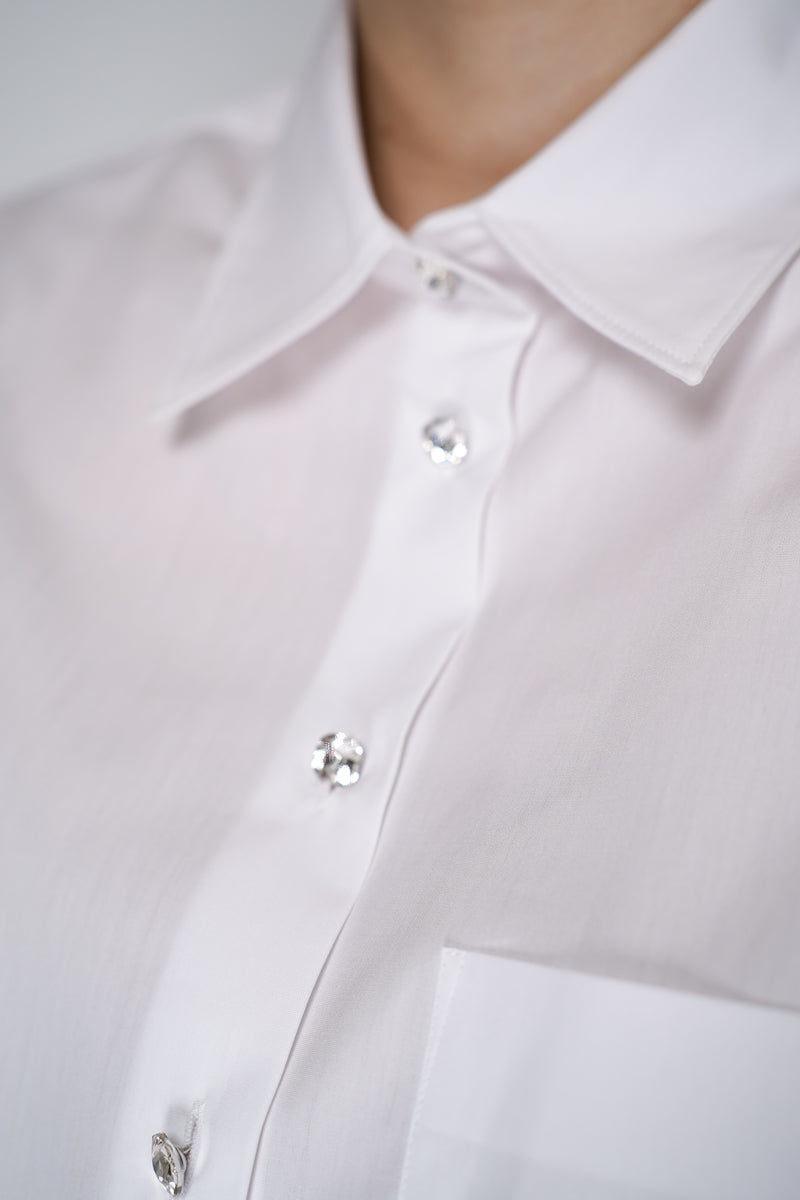 Sara Roka Cotton Poplin Blouse with Embellished Buttons in White Vancouver. Shop Online or in Store.