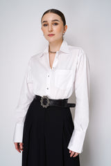 Sara Roka Cotton Poplin Blouse with Embellished Buttons in White Vancouver. Shop Online or in Store.