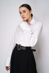 Sara Roka Cotton Poplin Blouse with Embellished Buttons in White Vancouver. Shop Online or in Store.