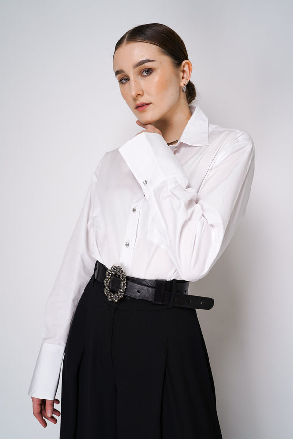 Sara Roka Cotton Poplin Blouse with Embellished Buttons in White Vancouver. Shop Online or in Store. 