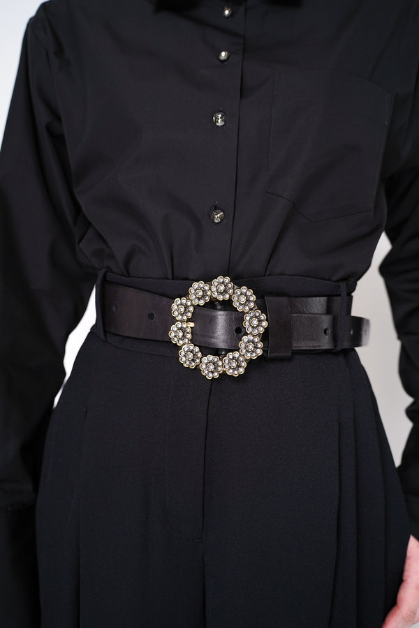 Gavazzeni Black Leather Belt with Gold and Crystal Flower Buckle