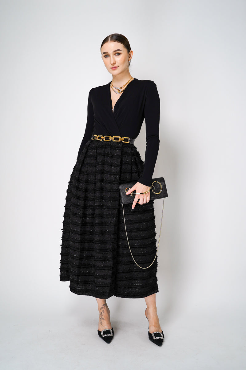 Sara Roka Open V-neck Dress with Fringe Lurex Skirt in Black Vancouver. Shop Online or in Store. 