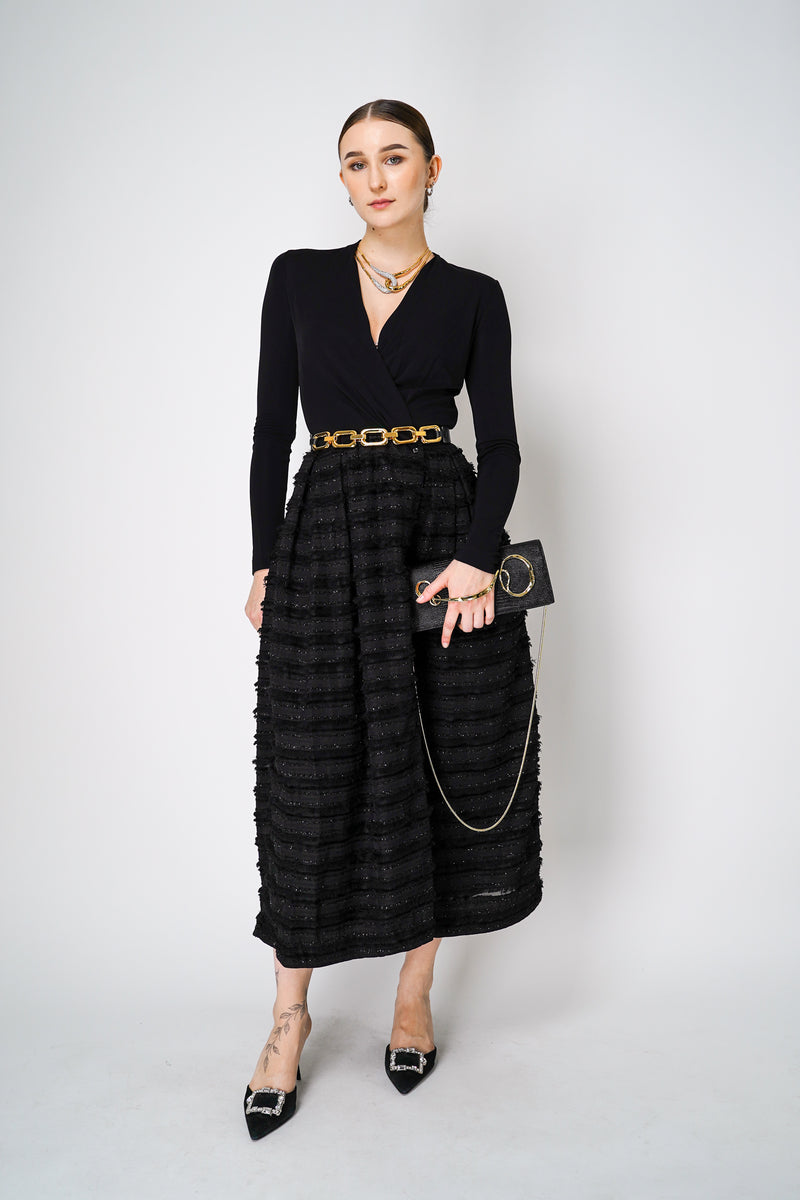 Sara Roka Open V-neck Dress with Fringe Lurex Skirt in Black Vancouver. Shop Online or in Store. 