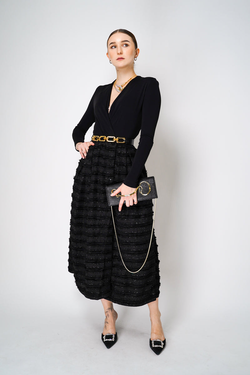 Sara Roka Open V-neck Dress with Fringe Lurex Skirt in Black Vancouver. Shop Online or in Store. 