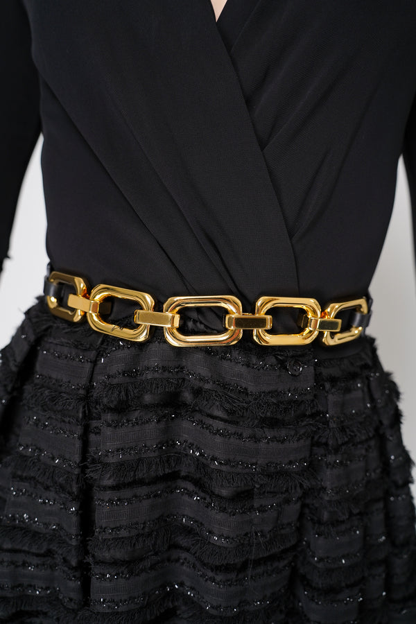 Gavazzeni Black Leather Belt with Gold Maxi Chain