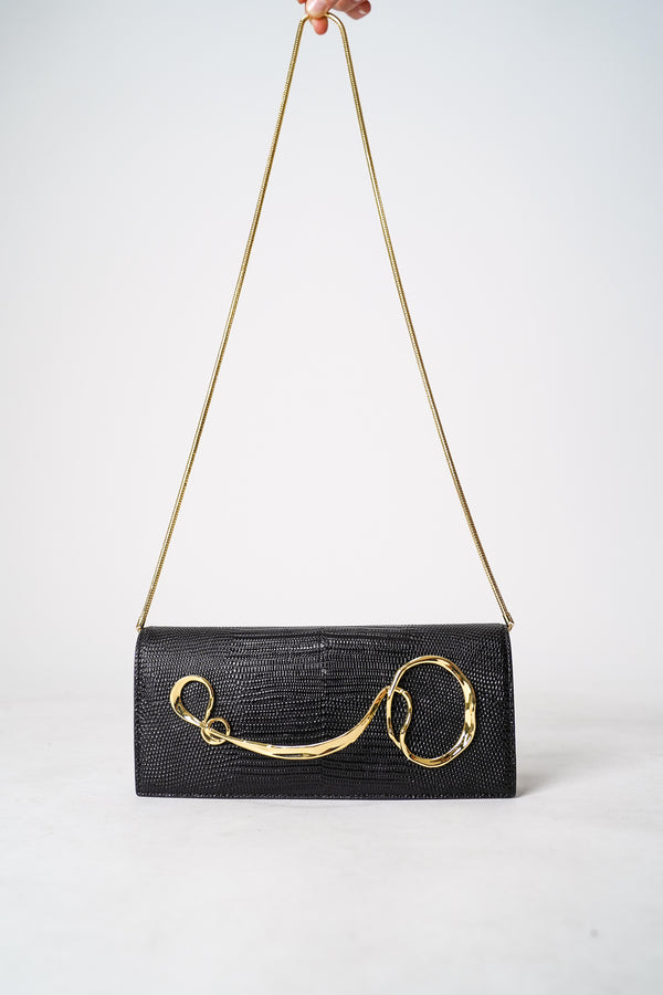 Alexis Bittar Twisted Gold Side Handle Clutch Purse in Black Vancouver. Shop Online or in Store. 