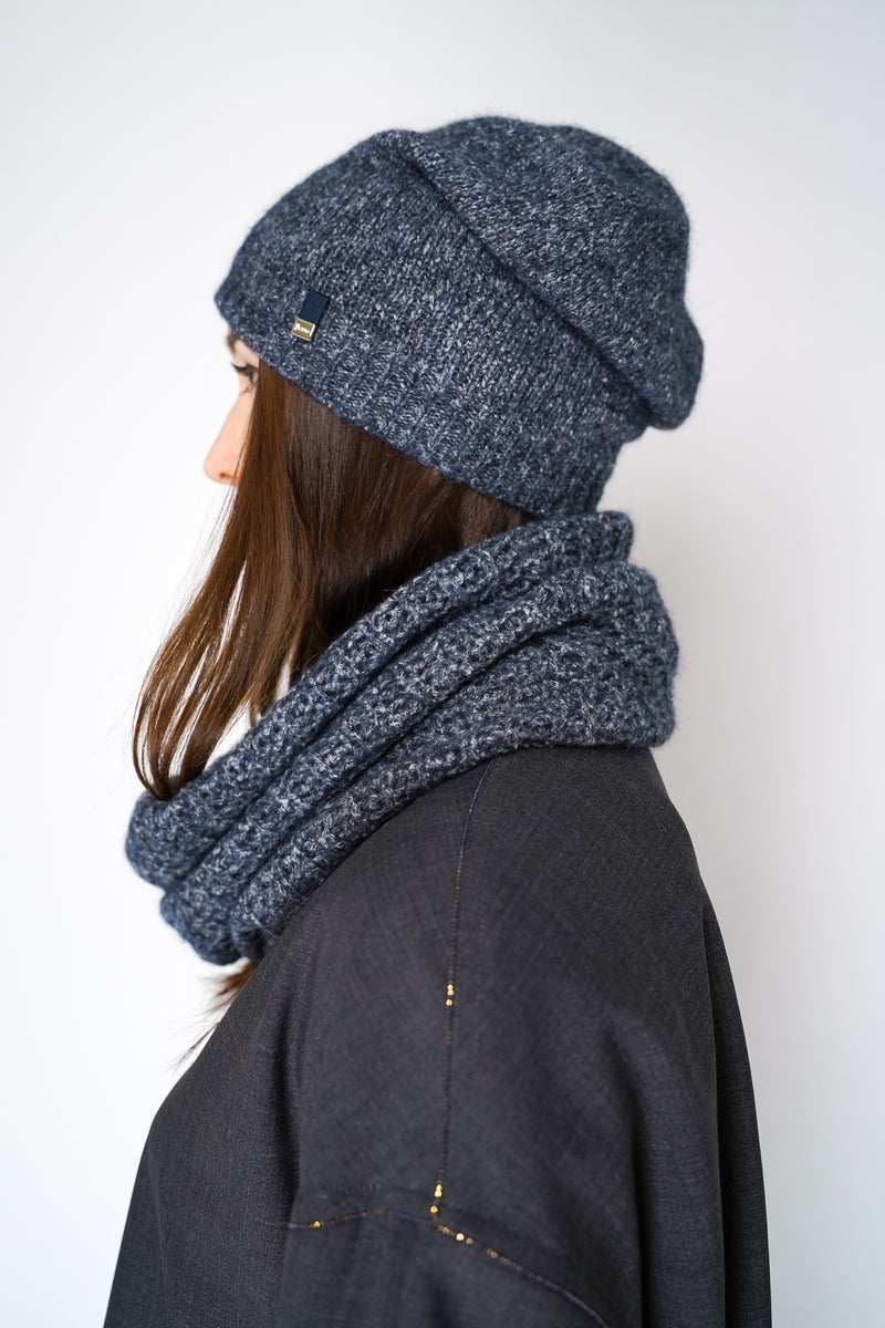 Herno Knitted Alpaca Neck Sleeve Infinity Scarf in Blue-Grey Mix Vancouver. Shop Online or in Store. 