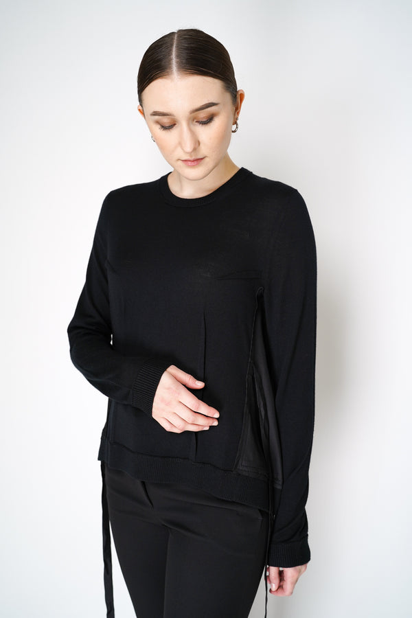 Dorothee Schumacher Merino Sweater with Silk Twill Patchworking in Black Vancouver. Shop Online or in Store. 