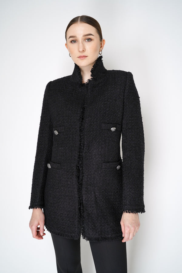 Tonet Wool Tweed Jacket with Fringe Trims in Black