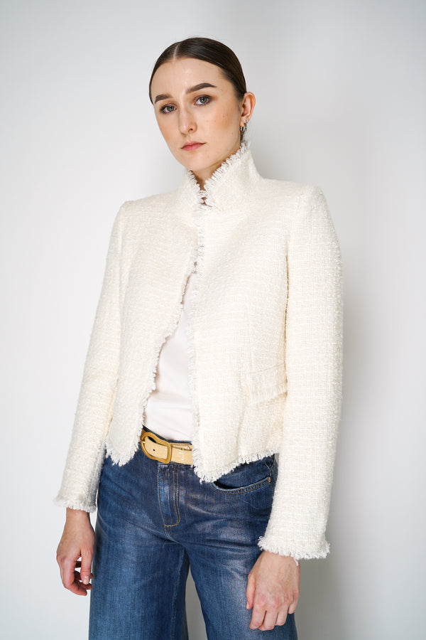 Tonet Wool Cropped Tweed Jacket with Fringe Trims in Winter White