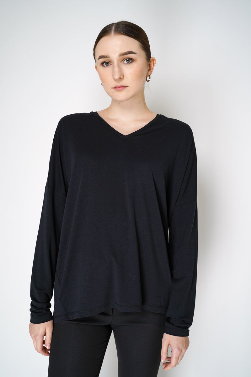 Peter O. Mahler Long Sleeve V-Neck Jersey Pullover Top in Black Vancouver. Shop Online or in Store.