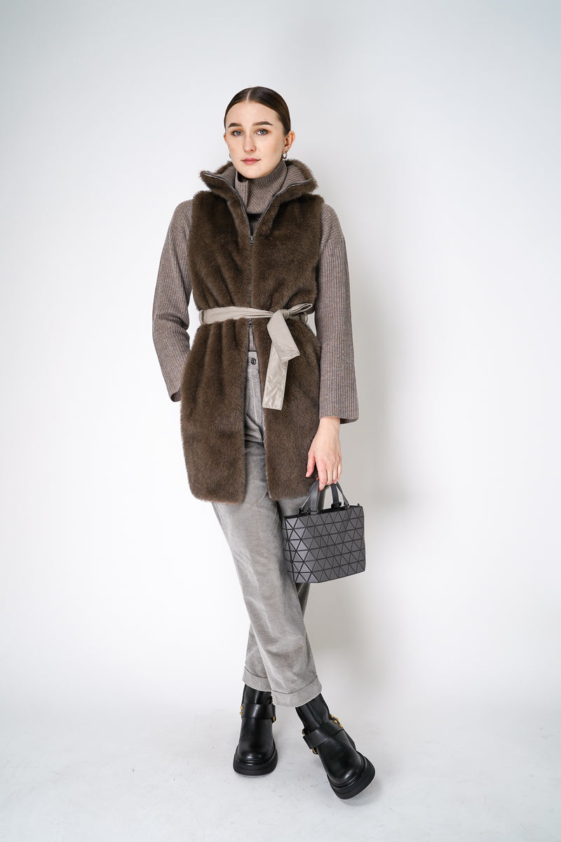 Tonet Faux Fur Vest with Tie Belt in Brown Vancouver. Shop Online or in Store. 