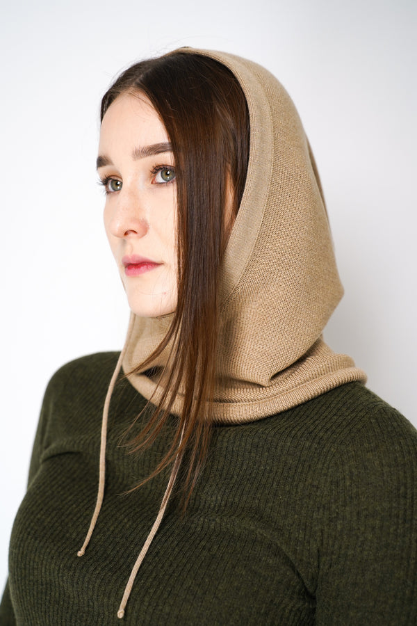 Herno Silk Wool Knitted Balaclava Hood in Camel