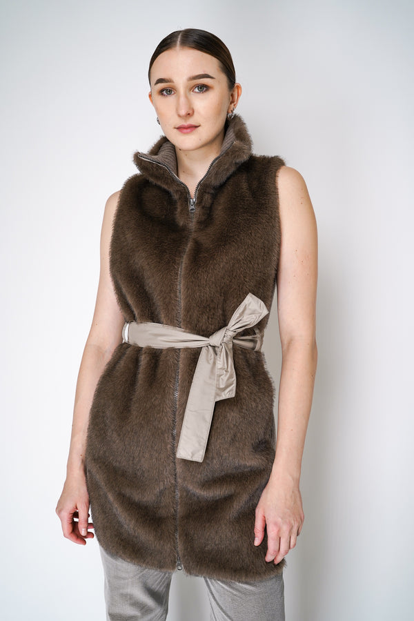 Tonet Faux Fur Vest with Tie Belt in Brown Vancouver. Shop Online or in Store. 