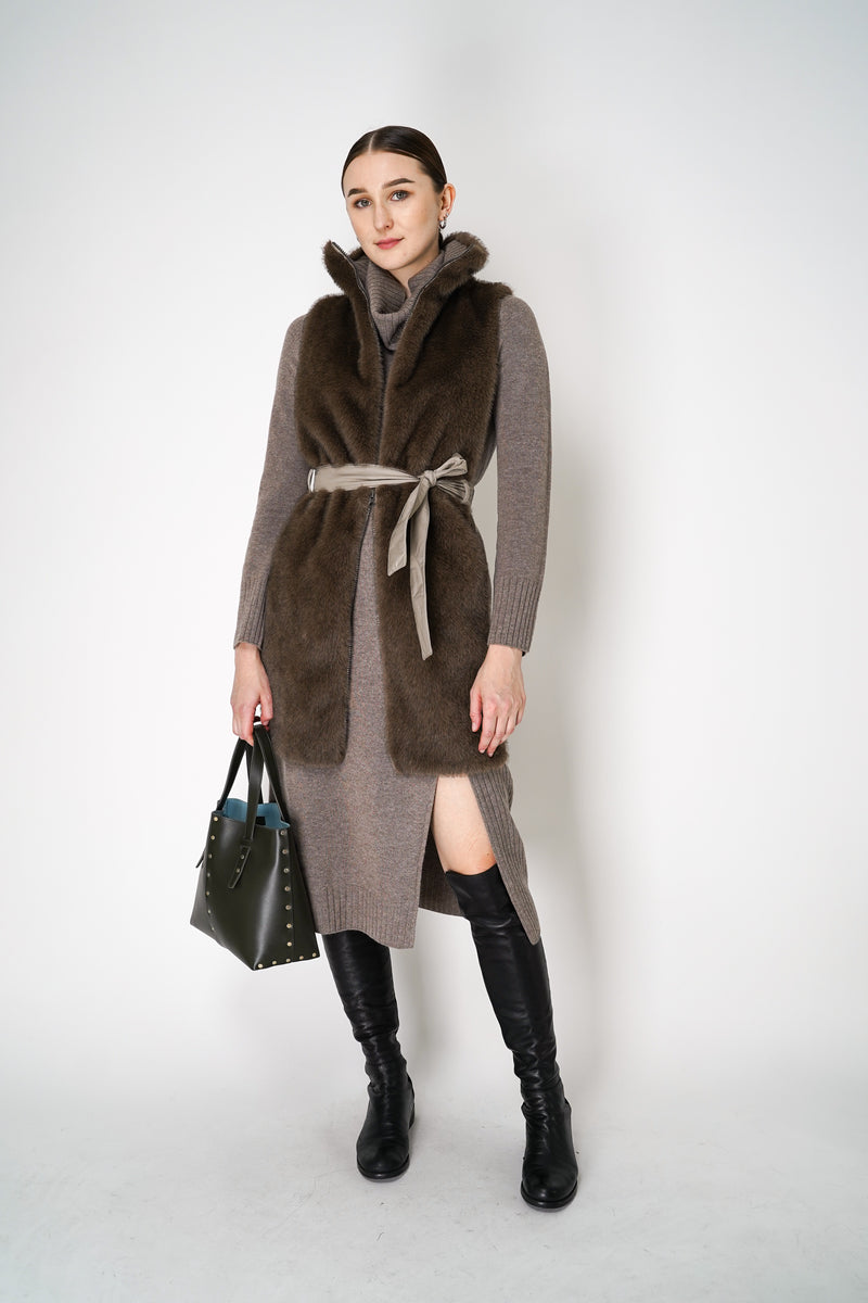 Tonet Faux Fur Vest with Tie Belt in Brown Vancouver. Shop Online or in Store. 