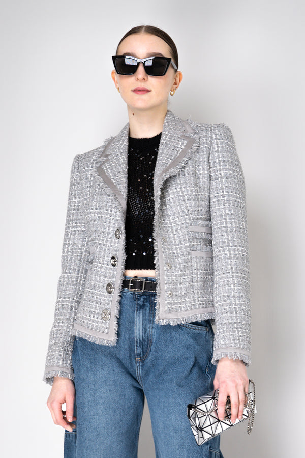 Dolce & Gabbana Cropped Single-Breasted Lamé Bouclé Jacket in Silver