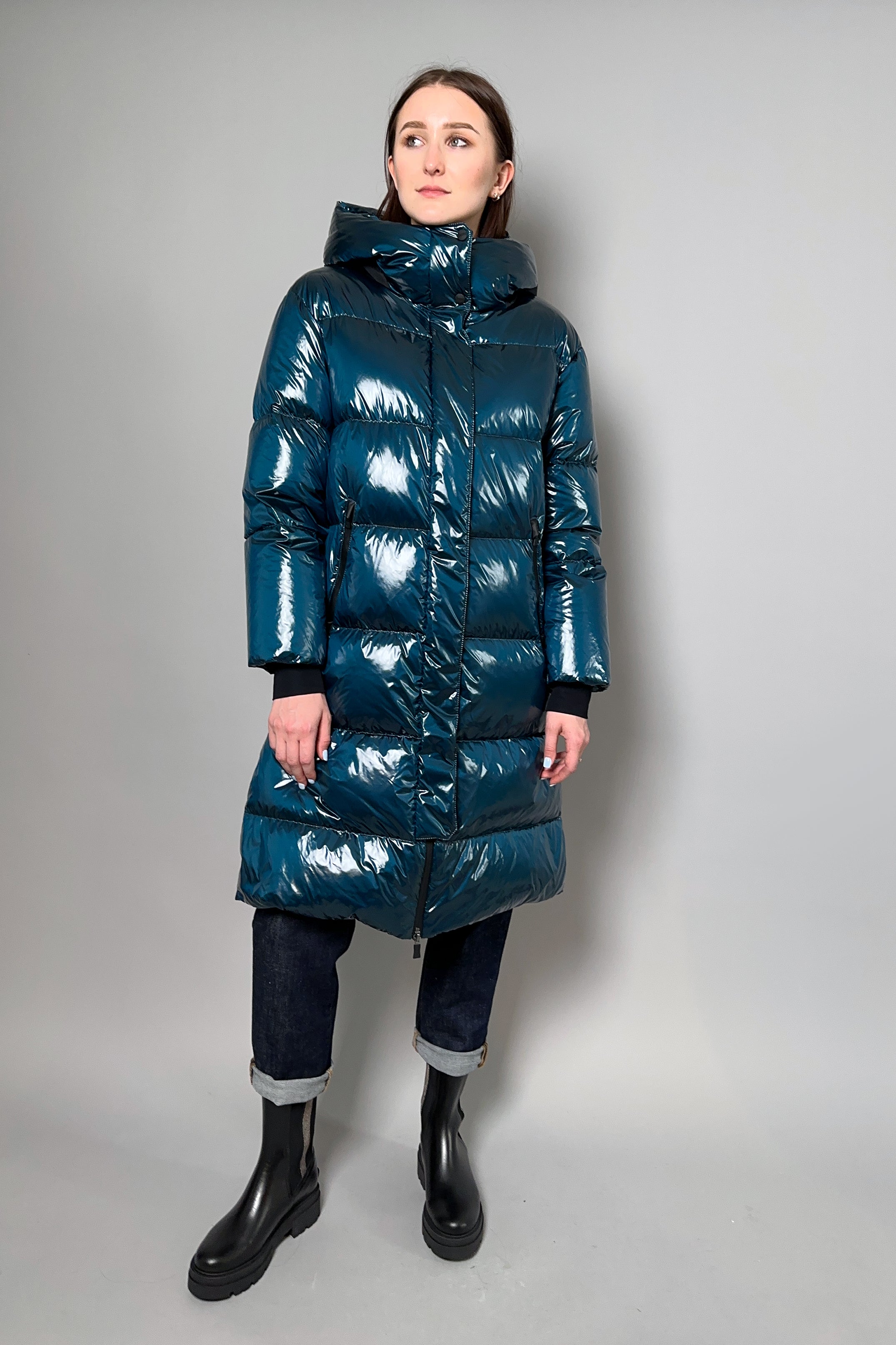 Herno Long Gloss Puffer Coat in Indian Blue – Ashia Mode