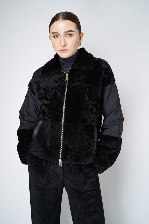 Lorena Antoniazzi Shearling Patch Work Jacket in Black Leather and Nylon