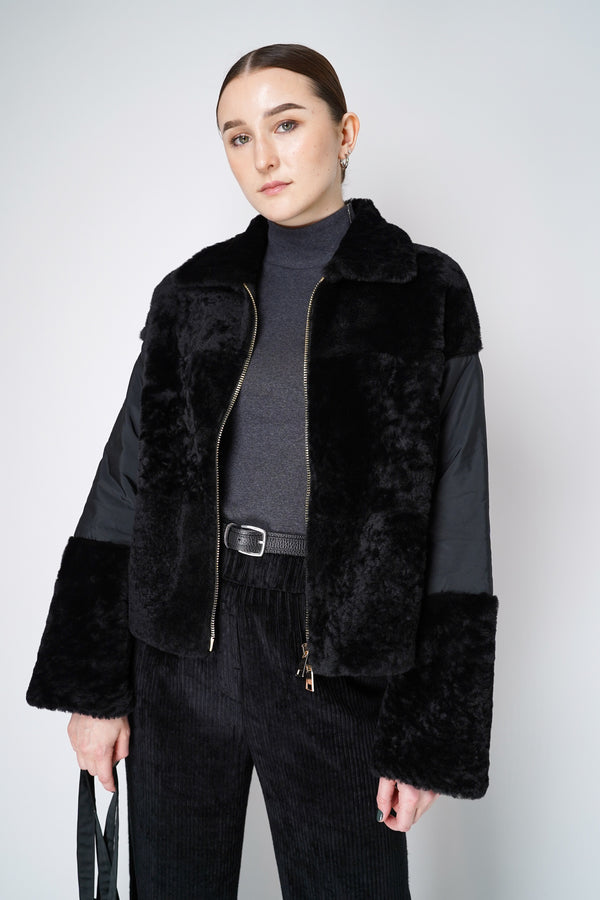 Lorena Antoniazzi Shearling Patch Work Jacket in Black Leather and Nylon