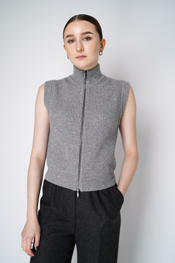 Peserico Knitted Cashmere Blend Vest with Sequin Details in Grey