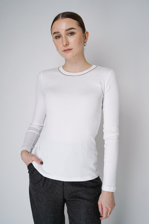 Peserico Jersey Long Sleeve Top in with Brilliant Beading in White