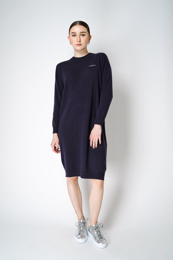 Peserico Cashmere Blend Long Sleeve Knitted Midi Dress in Navy