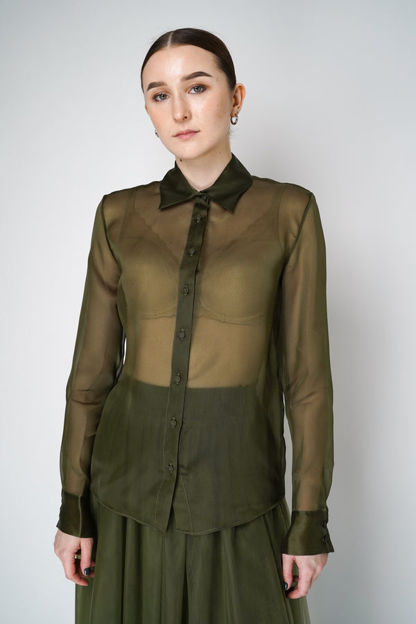 Fabiana Filippi Silk Organza Button-Up Blouse in Loden Green Vancouver. Shop Online or in Store.